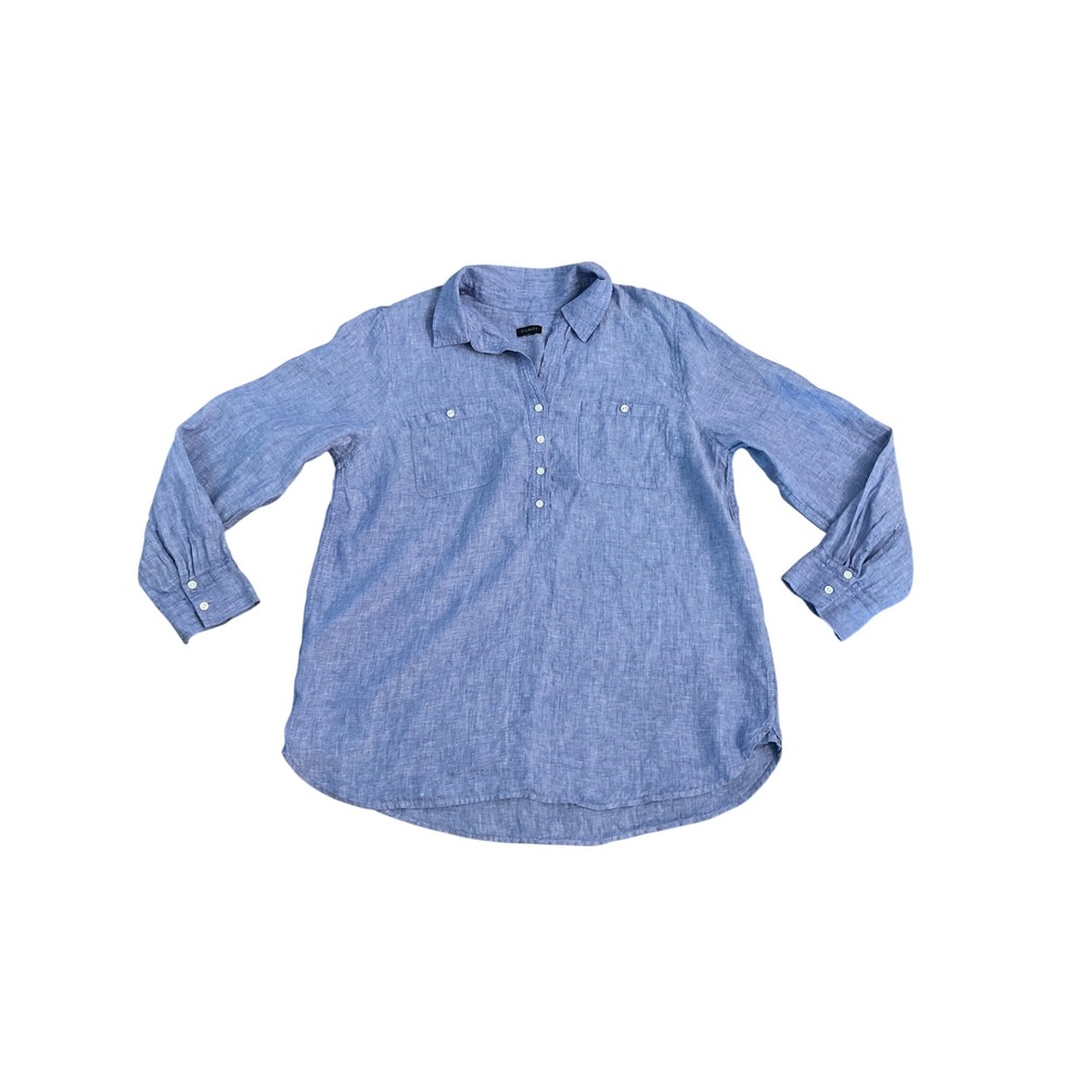 Talbots Womens Blue Linen Long Sleeve Popover Tunic Blouse Shirt Pockets XL